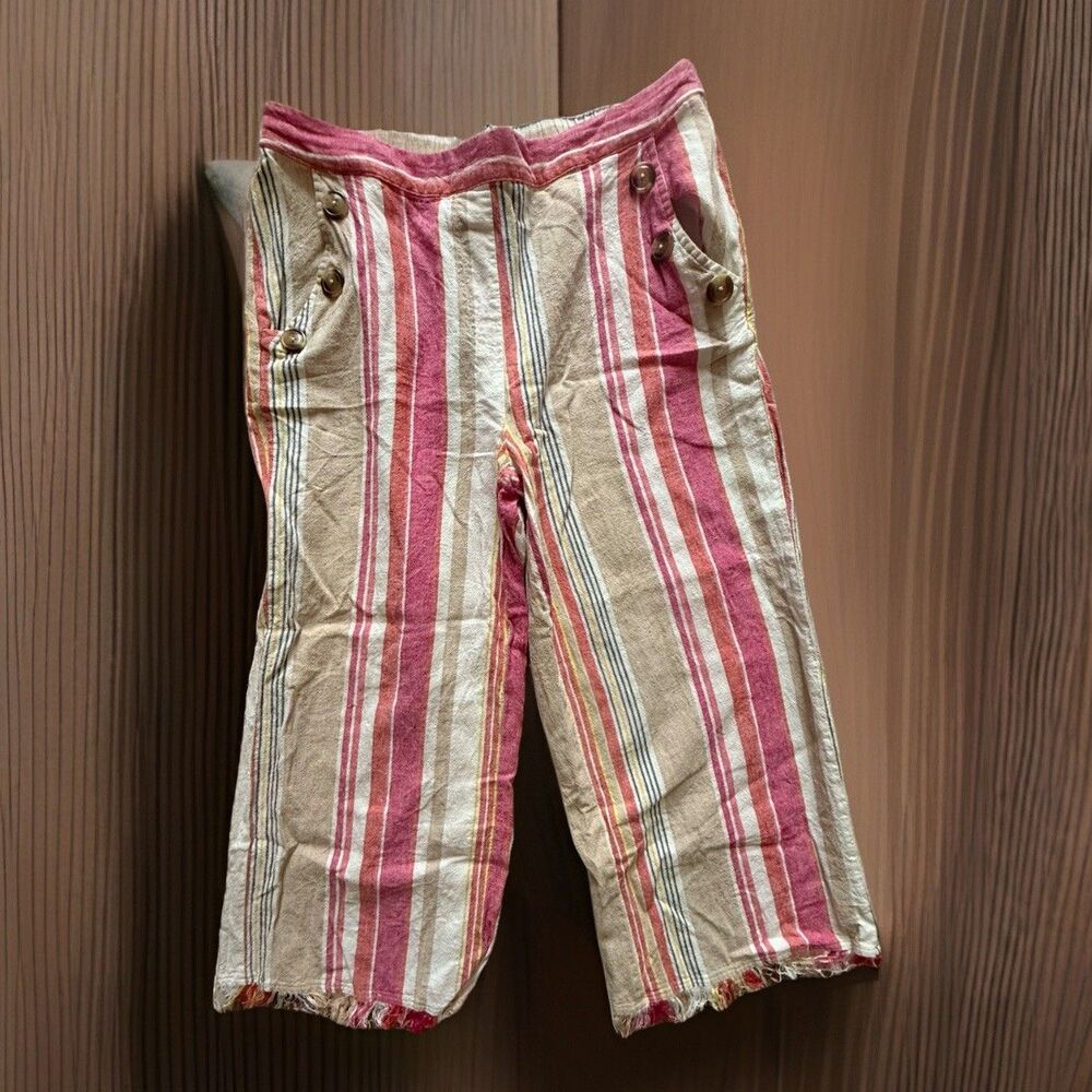 ZAC & RACHEL Linen Blend Wide Leg Frayed Cuffs Striped Crop Pants Size Medium - Picture 2 of 7
